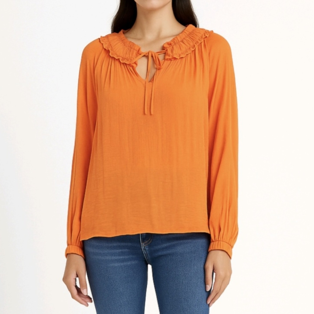 JOIE Blouse Orange Silky Satin Ruffle Pleated Keyhole Neck Long Sleeve Size S